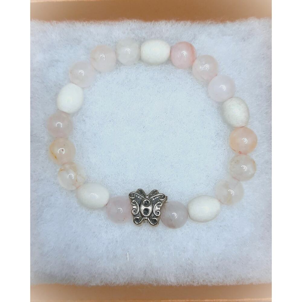 Rose Quartz Butterfly Bracelet Silver Charm Artisan Made Boho Beaded Stretch NEW